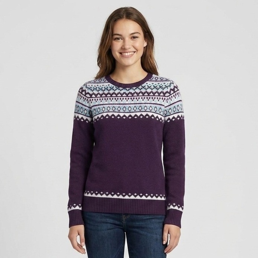 Lands End Womens Fair Isle Crewneck Sweater Purple Cotton Wool Blend Small 6-8